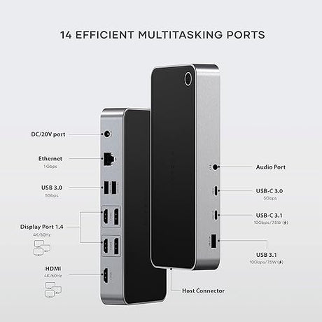 SATECHI Triple 4K Docking Station, USB C Docking Station 13-in-1, with 100W PD, 2 DisplayPort, 3 HDMI, 4 USB-C, USB-A, Gigabit Ethernet, and Audio Jack - for MacBook and Windows