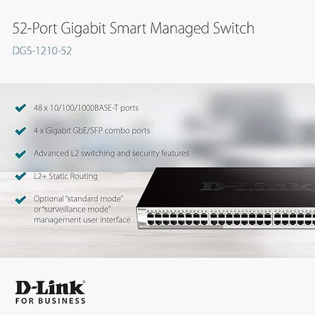 D-Link 52-Port Gigabit Smart Managed Switch, 4 SFP Combo Ports, Advanced L2+ features, VLANs, Cable Diagnostics, Green, WebSmart, Web UI, Lifetime Warranty (DGS-1210-52) 52 Port, 4 SFP