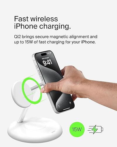Belkin MagSafe-Compatible 3-in-1 Wireless Charger Stand 15W - Qi2-Certified Wireless Charging Station, Fast Charging of iPhone 16, AirPods, & Apple Watch - 36W Included - White White Gen 2