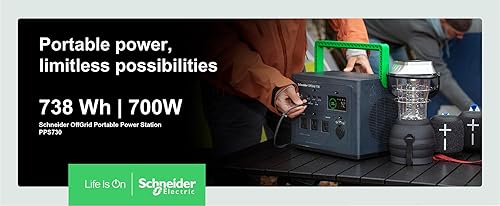 Schneider OffGrid Portable Power Station 738W / 728Wh Portable Solar Generator for Camping or Home, PPS730, Wireless phone charger, solar generator options 738Wh