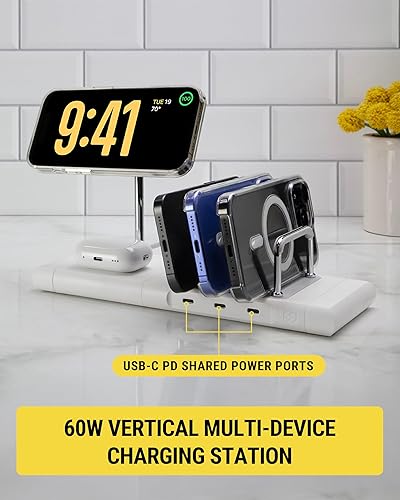 Scosche BaseLynx 2.0 Modular Charging Station with 15W MagSafe Wireless Charger Stand, 5W Charging Pad for AirPods Pro and 3 Port 60W USB-C Multi Device Fast Phone Charger Compatible with Apple iPhone Charging Pads & Multi Device Gen 2 White