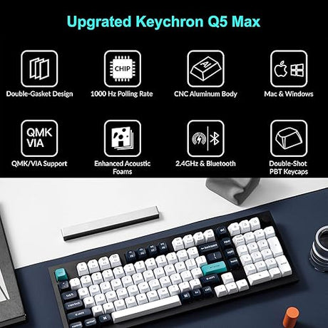 Keychron Q5 Max QMK/VIA Programmable Wireless Metal Custom Mechanical Keyboard, Tri-Mode BT5.1/2.4GHz/USB-C Hot Swappable RGB Backlit PBT Gaming Keyboards, Red Switches, 89 Keys Carbon Black+Gateron Jupiter Red Switch