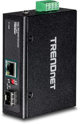 TRENDnet Industrial SFP to Gigabit PoE+ Media Converter, IP30 Rated Housing, Operating Temperature Range -40°– 75 °C to (-40° – 167 °F), TI-PF11SFP, Black Gigabit PoE+ SFP