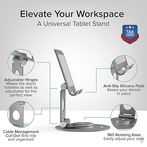 Plugable Swivel Tablet Stand Holder, 360° Rotating Base Tablet Holder for Phones and Tablets up to 12.9, Adjustable and Foldable iPad Stand for Desk, POS, Kitchen, Drawing (PT-STAND1)