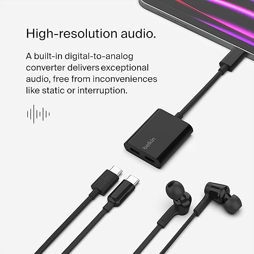 Belkin RockStar USB-C Audio + Charge Adapter, Headphone Adapter w/ USB-C 60W Power Delivery Fast Charging for iPhone, iPad Pro, Galaxy, Note, Google Pixel, LG G6, Sony Xperia, OnePlus, & More - Black Black USB-C USB-C Audio + USB-C Charge