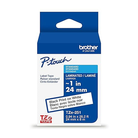 Brother Genuine TZe-251 Black on White Laminated Tape for TZe-Compatible P-Touch Label Makers, 24 mm Wide x 8 m Long