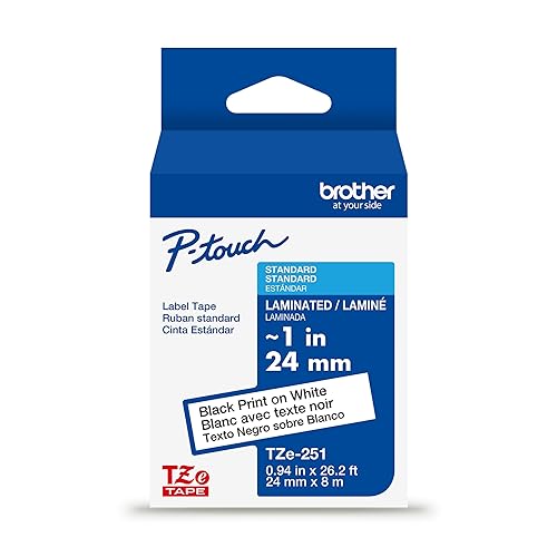 Brother Genuine TZe-251 Black on White Laminated Tape for TZe-Compatible P-Touch Label Makers, 24 mm Wide x 8 m Long