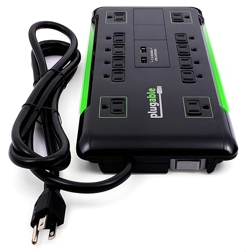 Plugable 12 Outlet Power Strip 4320 Joules Surge Protection, Built-in 10.5W 2-Port USB Charger for Android and Apple Phones, Mobile Devices, 6 Foot Cord 6ft Black