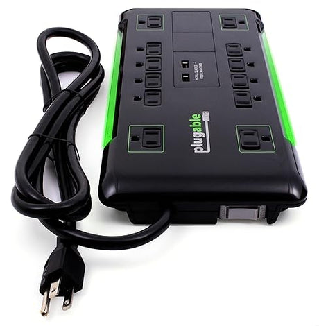 Plugable 12 Outlet Power Strip 4320 Joules Surge Protection, Built-in 10.5W 2-Port USB Charger for Android and Apple Phones, Mobile Devices, 6 Foot Cord 6ft Black