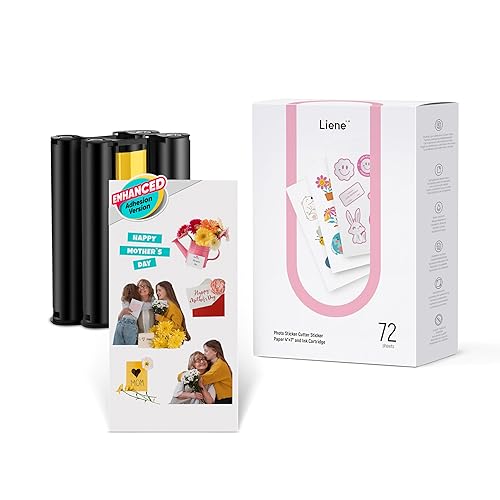 Liene Sticker Paper & Cartridge (Enhanced Adhesion Version) - 2 Ink Cartridge Refills & 72 Sheets 4x7 Photo Paper, Dye Sublimation Waterproof, Compatible with Liene PixCut S1