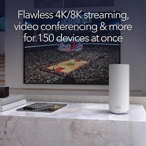 NETGEAR Orbi 870 Series Tri-Band WiFi 7 Mesh System (RBE872) - Router + 1 Satellite Extender, Security Features, Up to 21 Gbps, Covers up to 6,000 sq. ft., 150 Devices, 10 Gig Internet Port, BE21000