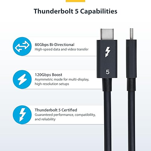 StarTech.com 2.6ft (80cm) Thunderbolt 5 Cable, 80Gbps/120Gbps, 240W PD, 8K 60Hz, Thunderbolt Certified, TB5/TB4/USB4/USB-C