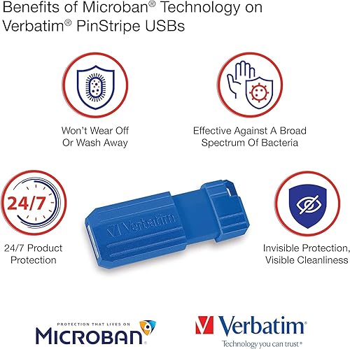 Verbatim 16GB Pinstripe USB 2.0 Flash Drive Retractable Thumb Drive with Microban Antimicrobial Product Protection- 5 Pack - Multicolor (Green, Blue, Red, Purple, Cyan)