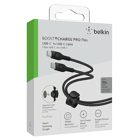 Belkin BoostCharge Pro Flex Braided USB-C to USB-C Cable (3M/10FT), USB-IF Certified Power Delivery PD Fast Charging Cable for iPhone 15 Series, MacBook Pro, iPad Pro, Galaxy S23, S22, & More - Black