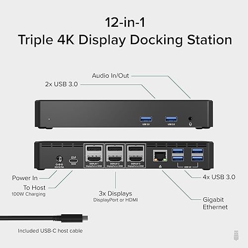 Plugable 12-in-1 USB C Triple Monitor Docking Station, Triple 4K Displays with 3X HDMI or 3X DisplayPort, Compatible with Mac, Windows, Thunderbolt, USB4, USB-C (100W PD, 6X USB Ports, Ethernet)