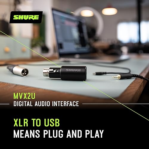 Shure MVX2U XLR-to-USB Interface with Headphone Jack, 60dB Gain, Zero-Latency Monitoring, 48V Phantom Power, ShurePlus App, USB-C Cable AUDIO INTERFACE