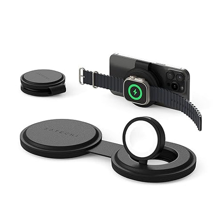 Satechi OntheGo™ 2 in 1 Wireless Charger, Qi2 Portable Charger with 15W Fast Charging for iPhone and 5W for Apple Watch, Magnetic Travel Charging Station – Black 2 in 1 Charger Black
