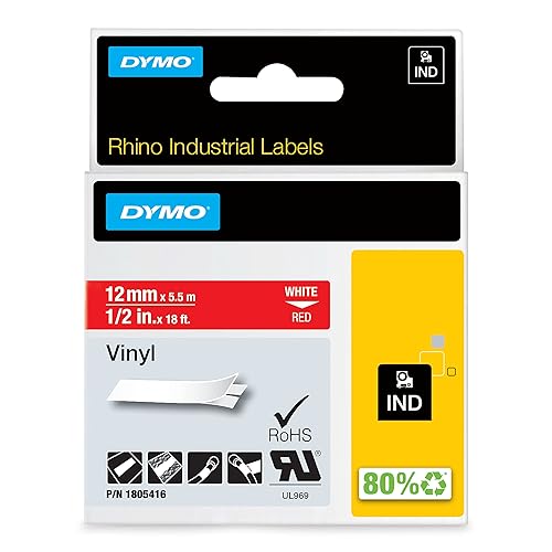DYMO Industrial Labels for DYMO Industrial Rhino Label Makers, White on Red, 1/2", 1 Roll (1805416), DYMO Authentic 1/2" White on Red