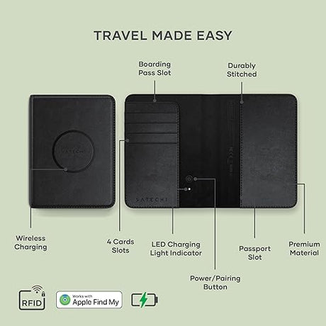 Satechi Passport Holder for Travel with Find My, Passport Cover with 4 Card Holder, Wireless Charging, and RFID Protection – Travel Essential Vegan Leather Passport Holder – Black