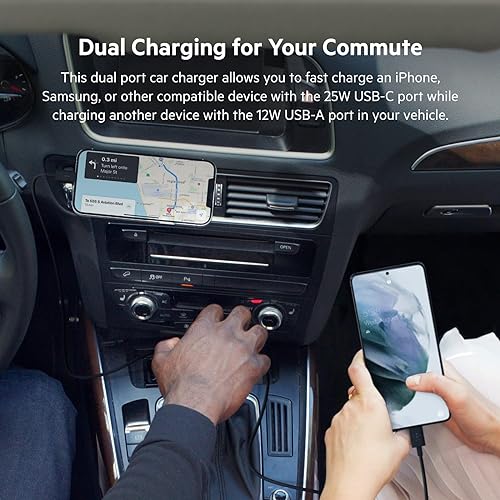 Belkin 37W Dual Port Fast Car Charger with 3.3ft USB-C Cable Included, USB-C 25W PPS Port and USB-A 12W Port for Galaxy S23, S23+, Ultra, Note20, iPhone 14, 13, 12, 11, Pro, Max, Mini and More Dual USB-A & C 37W + USB-C Cable