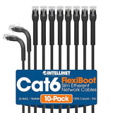 Intellinet FlexiBoot Slim Cat6 Ethernet Network Patch Cable – 10-Pack - 10Gbps & 250MHz, Flexible Bendable Boot, 32AWG Pure Bare Copper Wire, Gold-Plated Contacts - 14ft, Black 14 ft Flexible Boot 10 Pack Black