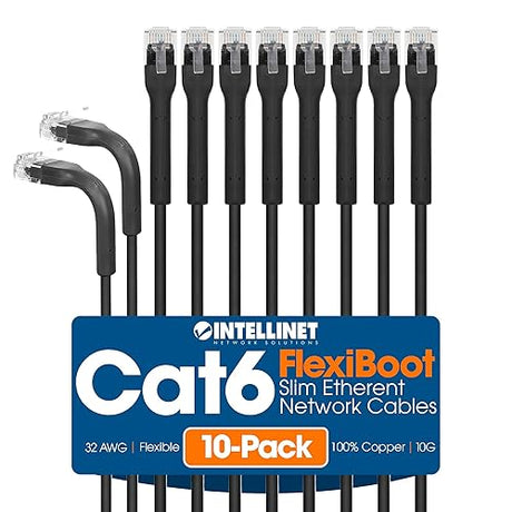 Intellinet FlexiBoot Slim Cat6 Ethernet Network Patch Cable – 10-Pack - 10Gbps & 250MHz, Flexible Bendable Boot, 32AWG Pure Bare Copper Wire, Gold-Plated Contacts - 14ft, Black 14 ft Flexible Boot 10 Pack Black