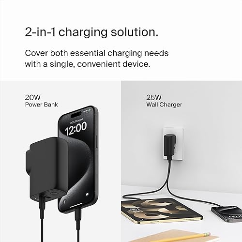 Belkin BoostCharge Hybrid Wall Charger 25W + Power Bank 5K, 2-in-1 Portable Charger, Portable Battery Charger w/USB-C Port & USB-A Port - Travel-Friendly, Dual-Port Charging Device - Black 2-1 Charger