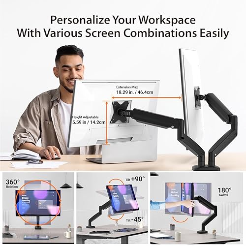 j5create Ergonomic Dual Monitor Mount, Fully Adjustable Monitor Desk Stand for 2 Screens up to 32 inch, Integrated Cable Management, Comes with Clamp and Grommet Mount Options (JTSA102)