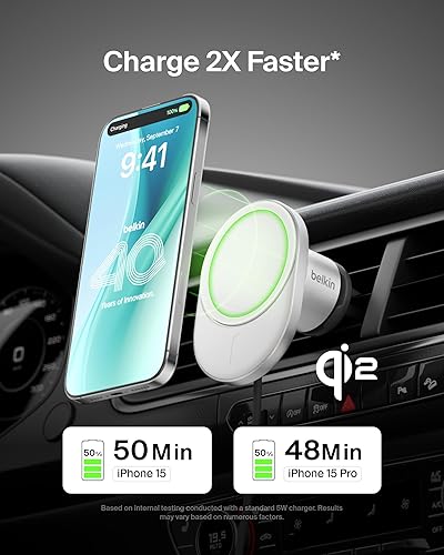 Belkin MagSafe-Compatible Wireless Car Charger 15W, Fast Charging Wireless Charger - Powerful Magnetic Vent Holder for iPhone 17, 16, 15, 14, 13 Series, Pixel 10, Secure Car Phone Mount - White Charging Mount - New Model