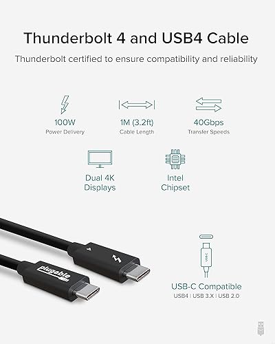 Plugable Thunderbolt 4 Cable [Thunderbolt Certified] - 3.3ft USB4 Cable with 100W Charging, Single 8K or Dual 4K Displays, 40Gbps Data Transfer | Compatible with Thunderbolt, USB4, USB-C - Driverless 1M