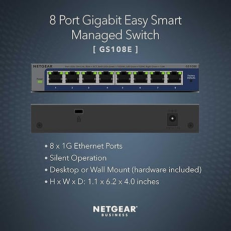 NETGEAR 8-Port Gigabit Ethernet Plus Switch (GS108E) - Managed, Desktop or Wall Mount, and Limited Lifetime Protection