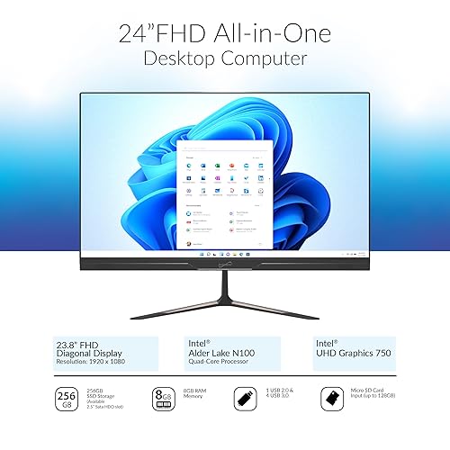 Supersonic SC-5524AIO 24 Windows All-in-1 Desktop Computer, Intel Quad-Core N100, 256GB SSD, 8GB RAM, UHD Graphics 600, Windows 11, Office 365, HDMI, Wi-Fi, Micro SD, Keyboard & Mouse Included