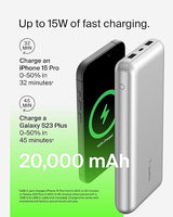 Belkin BoostCharge USB-C Portable Charger 20k Power Bank w/ 1 USB-C Port and 2 USB-A Ports with USB-C to USB-A Cable for iPhone 16, 16 Plus, 16 Pro, 16 Pro Max, Samsung Galaxy S24, & More - Silver