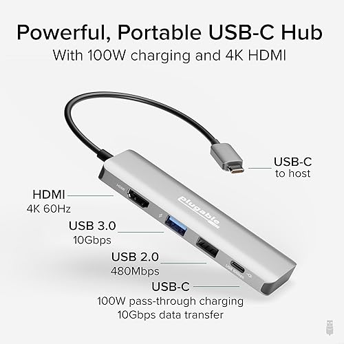 Plugable USB C Hub Multiport Adapter, 4 in 1, 100W Pass Through Charging, USB C to HDMI 4K 60Hz, Multi USB Port Hub for Windows, Mac, Ipad Pro, Chromebook, Thunderbolt (USBC-4IN1)