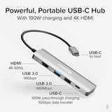 Plugable USB C Hub Multiport Adapter, 4 in 1, 100W Pass Through Charging, USB C to HDMI 4K 60Hz, Multi USB Port Hub for Windows, Mac, Ipad Pro, Chromebook, Thunderbolt (USBC-4IN1)