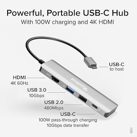 Plugable USB C Hub Multiport Adapter, 4 in 1, 100W Pass Through Charging, USB C to HDMI 4K 60Hz, Multi USB Port Hub for Windows, Mac, Ipad Pro, Chromebook, Thunderbolt (USBC-4IN1)