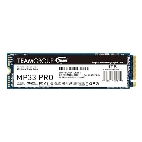 TEAMGROUP MP33 PRO 1TB SLC Cache 3D NAND TLC NVMe 1.3 PCIe Gen3x4 M.2 2280 Internal Solid State Drive SSD (Read Speed up to 2100MB/s) TBW>600TB Compatible with Laptop & PC Desktop TM8FPD001T0C101 1TB Gen3x4 Read 2,100mb/S