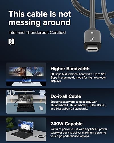 Plugable Thunderbolt 5 Cable with 80Gbps and 240W Charging | Thunderbolt Certified | Up to 120Gbps Bandwidth Boost | Compatible with Thunderbolt 4/3, USB4, USB C | 3.3ft (1M) Driverless (TBT5-240W1M)