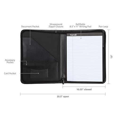 Samsill Contrast Stitch Leather Portfolio Zippered Closure Case, 8.5 inch x 11 inch Writing Pad, Black
