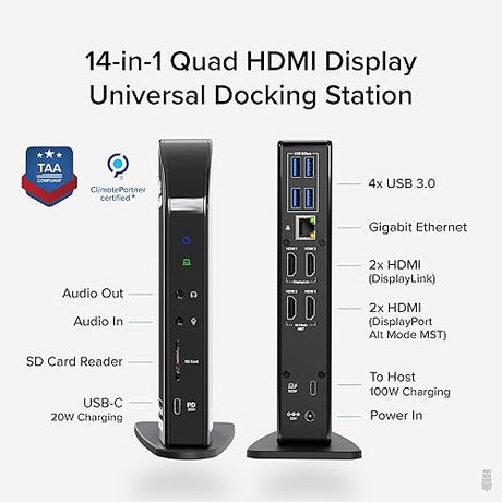 Plugable 14-in-1 USB C Docking Station | 4X HDMI Quad Dock with 100W Charging, HDMI Displays | Compatible with Windows, Thunderbolt (4X USB, 1x USB-C, Ethernet, SD Card, Audio) UD-3900C4