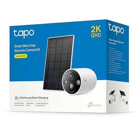 TP-Link Tapo SolarCam 2K, Outdoor Battery Camera w/Solar Panel Base, Wireless Camera, 2K QHD, 150° Super-Wide FOV, Free Person/Vehicle/Pet Detection, SD/Cloud Storage, Starlight Color Night Vision 2K QHD Wire-Free SolarCam