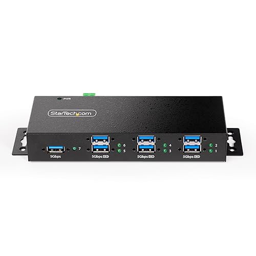 StarTech.com 7-Port Managed USB Hub with 7X USB-A, Heavy Duty with Metal Industrial Housing, ESD & Surge Protection, Wall/Desk/Din-Rail Mountable, USB 3.0/3.1/3.2 Gen 1 5Gbps (5G7AINDRM-USB-A-HUB)