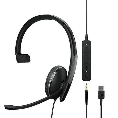 EPOS | Sennheiser Adapt 135 USB II (1000914) - Wired, Single-Sided Headset - 3.5mm Jack and USB Connectivity - UC Optimized - Superior Sound - Enhanced Comfort - Call Control - Black