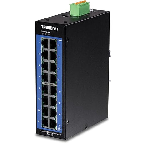 TRENDnet 16-Port Industrial Gigabit L2 Managed DIN-Rail Switch, Layer 2 Switch, 16 x Gigabit Ports, 32Gbps Switching Capacity, Extreme Temperature Gigabit Switch, Lifetime Protection, Black, TI-G160i 16 Port Extreme Temperature