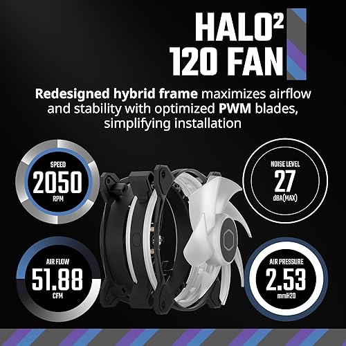 Cooler Master MasterFan MF120 Halo² 3in1 PC Case|Liquid Cooler|Air Cooler Fan, Dual Loop Gen 2 ARGB LEDs Rings, Dynamic PWM 120mm 2,050 RPM, Air Balance Blades, Hybrid Frame (MFL-B2DN-213P2-R2)