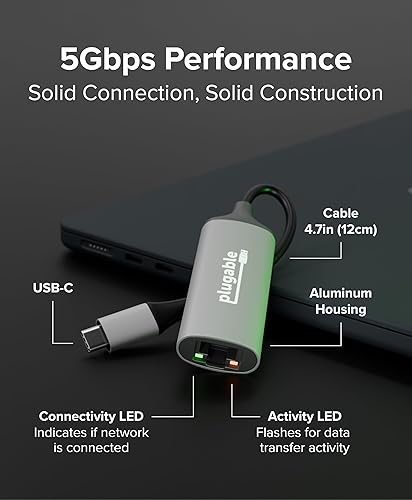 Plugable 5Gbps USB-C Ethernet Adapter | 5000Mbps Wired Network for Windows, macOS, and ChromeOS Laptops and Desktops | Realtek RTL8157 | Supports CAT6, CAT6a and CAT7 Cables (USBC-E5000)