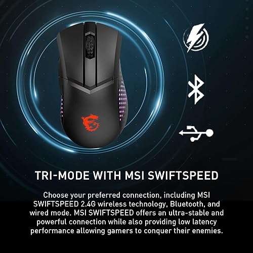 MSI Clutch GM51 Lightweight Wireless Gaming Mouse & Charging Dock, 26K DPI Optical Sensor, 2.4G & Bluetooth, 60M Omron Switches, Fast-Charging, 150Hr Battery, RGB, 5 Programmable Buttons, PC/Mac