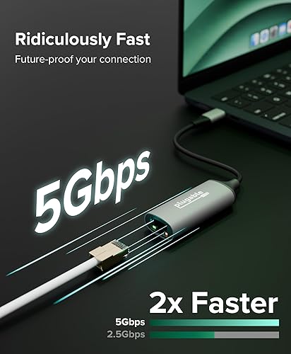 Plugable 5Gbps USB-C Ethernet Adapter | 5000Mbps Wired Network for Windows, macOS, and ChromeOS Laptops and Desktops | Realtek RTL8157 | Supports CAT6, CAT6a and CAT7 Cables (USBC-E5000)