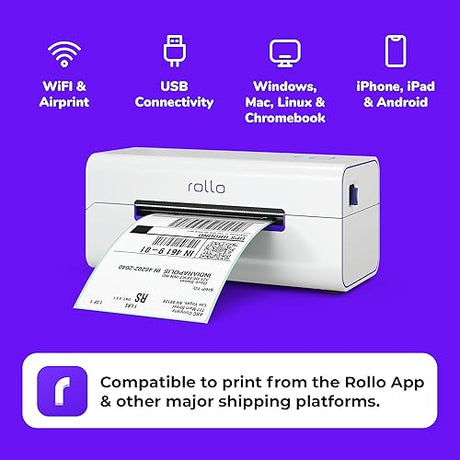 Rollo Wireless Thermal Shipping Label Printer and Label Holder Bundle - High Speed Direct Thermal Printer for Shipping Packages with Thermal Label Holder for Stack or Rolls