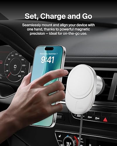 Belkin MagSafe-Compatible Wireless Car Charger 15W, Fast Charging Wireless Charger - Powerful Magnetic Vent Holder for iPhone 17, 16, 15, 14, 13 Series, Pixel 10, Secure Car Phone Mount - White Charging Mount - New Model